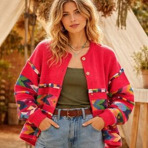 RARE VTG 90s Amano Lambswool Chunky Knit Cardigan Sweater One Size Red Handknit